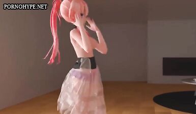 Красивая анимешка с розовыми волосами танцует стриптиз оголяя аккуратные сиськи